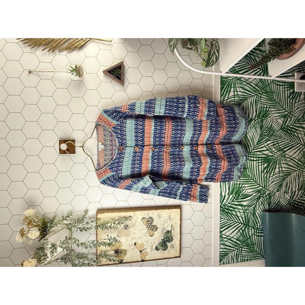 Sundance Blue and Pink Shoreline Wool Cotton Blend Button Cardigan - Size - PXL